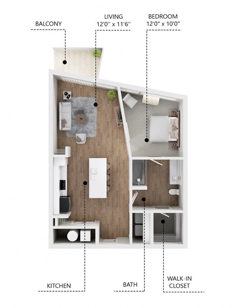 Floor plan for 1 bed, 1 bath, 720 sqft